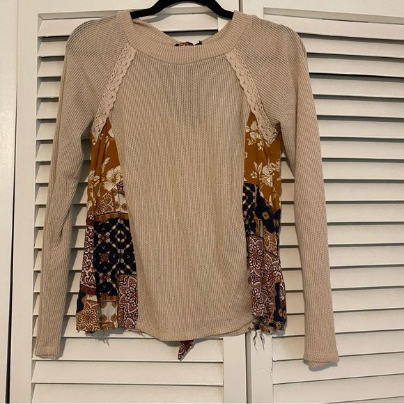 Blue Rain XS Thermal Mixed Material Boho Patchwork Tie Back Long Sleeve Top - Picture 1 of 8